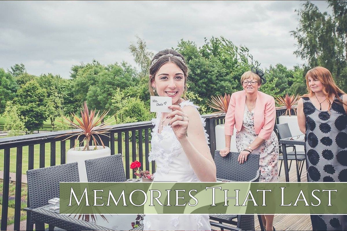 Outdoor wedding reception scene with decorative text overlay reading Memories That Last.