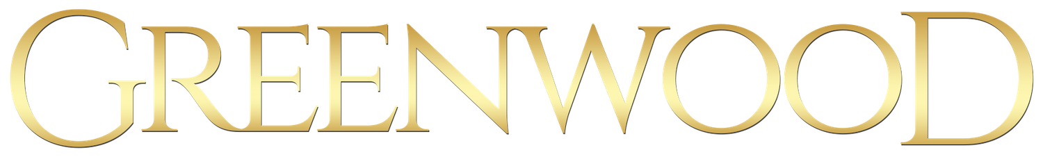 Elegant gold metallic text spelling Greenwood in decorative serif font against white background.