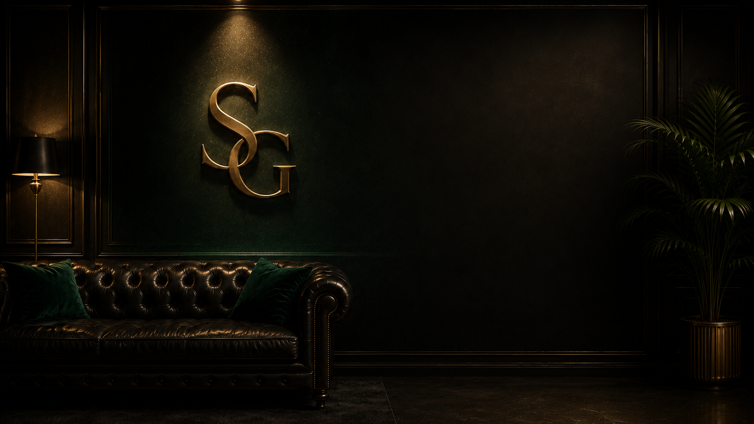 Elegant dark green room with gold SG monogram logo, leather Chesterfield sofa, floor lamp, and tropical plant.