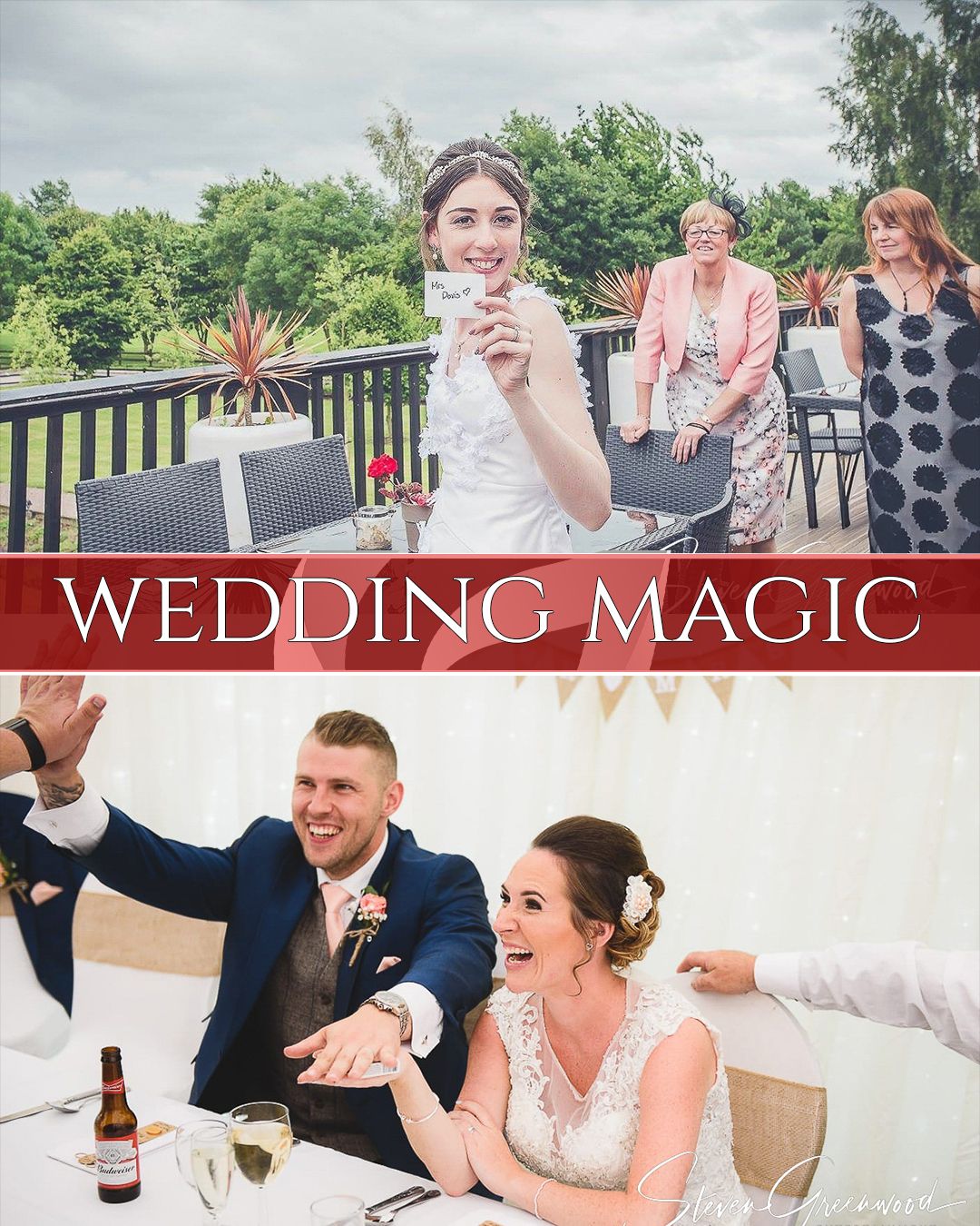 Outdoor wedding celebration with guests enjoying drinks on a sunny terrace.
