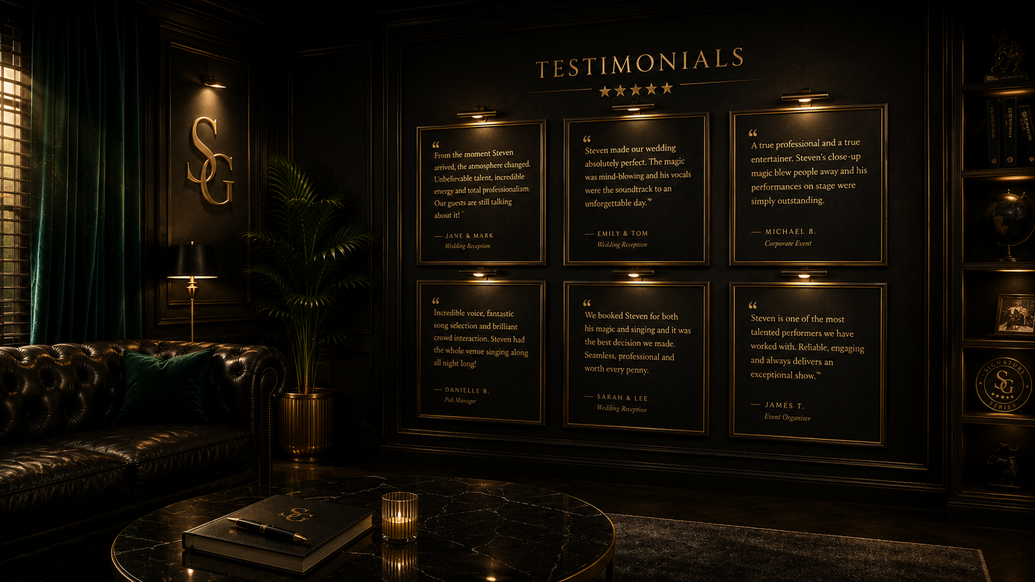 Elegant dark luxury testimonials wall display with gold-framed quotes, velvet sofa, and moody green and black interior design.