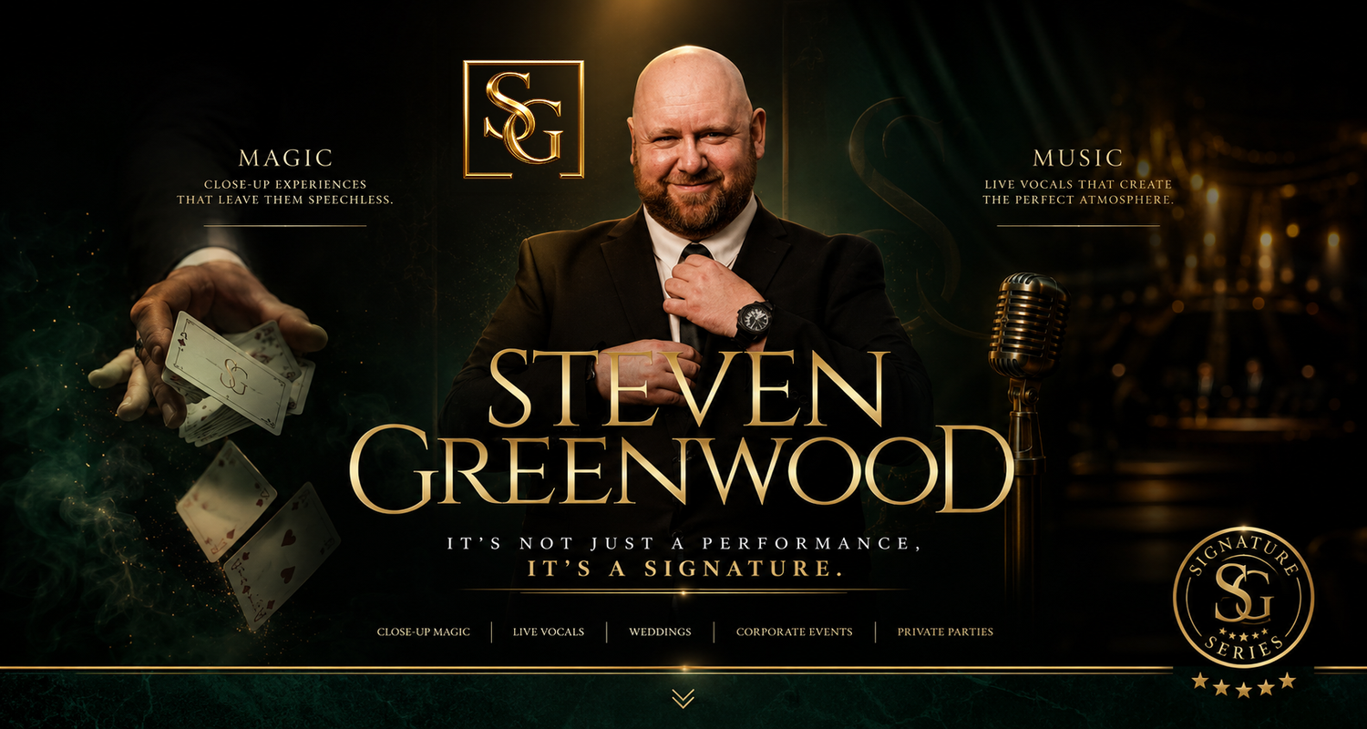 Steven Greenwood performer promotional banner featuring magic and music acts with a man in suit on dark elegant background.
