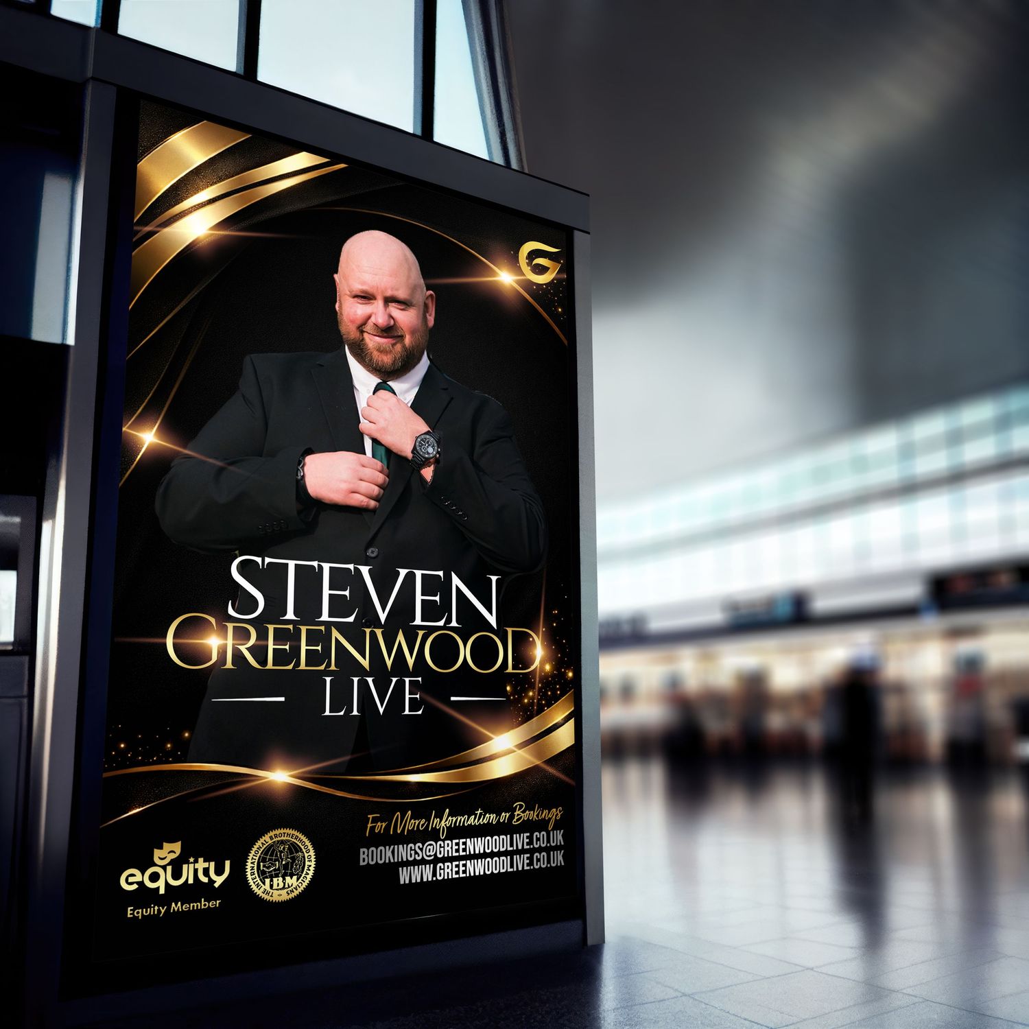 Professional promotional graphics for a live performance show with elegant gold accents.