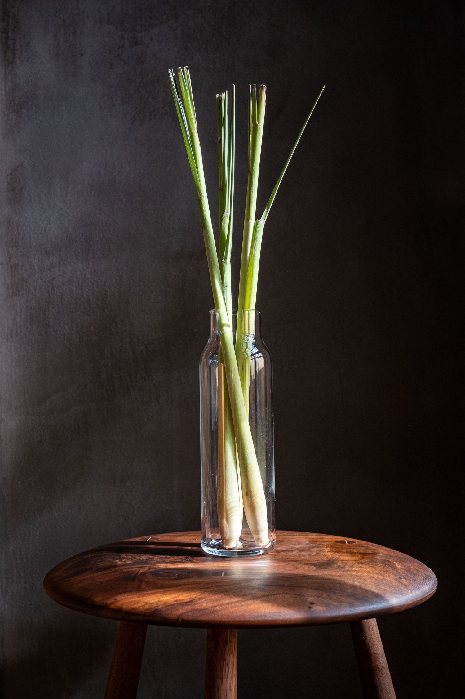 Glass vase with fresh lemongrass stalks on a rustic wooden stool against a dark background.