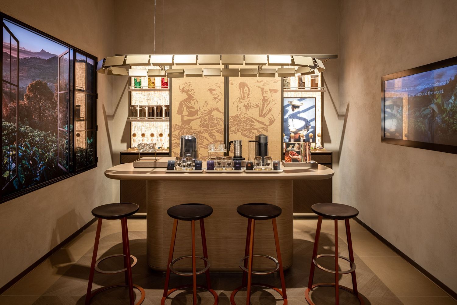 Gallery-style space with bench seating and illuminated wall displays.