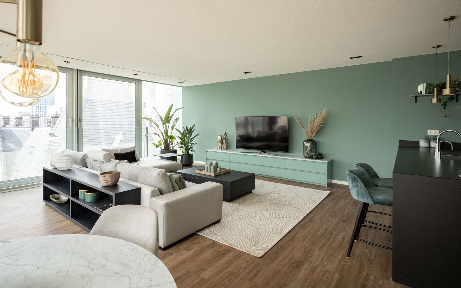 Contemporary open concept living space with mint green walls, hardwood flooring, and minimalist furniture.