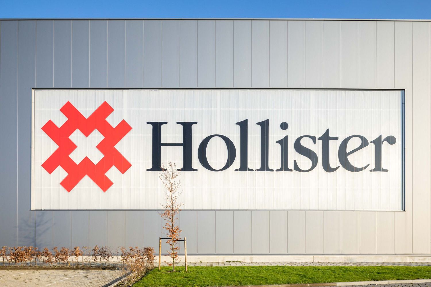 A series of Hollister storefront signs and logos displayed on retail buildings and walls.