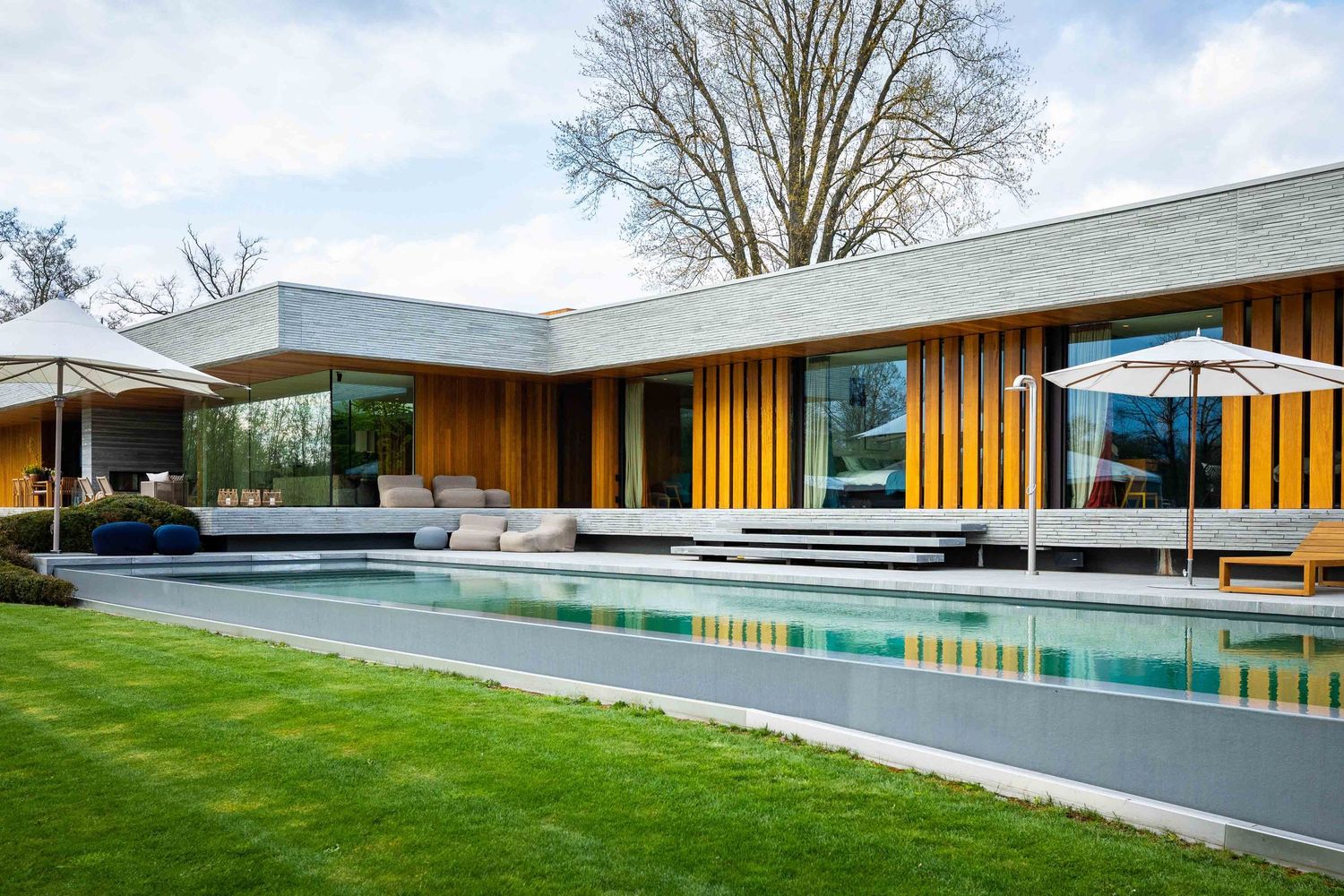 Modern luxury home with wood accents features a sleek infinity pool and expansive glass walls overlooking manicured lawn.