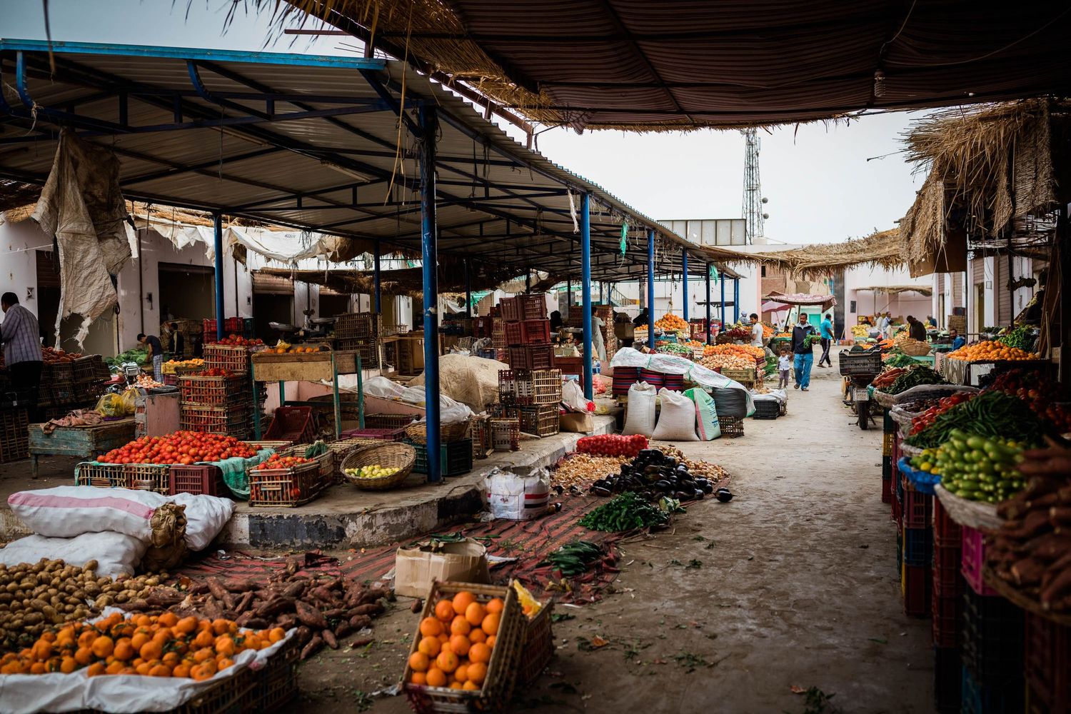 Bustling outdoor market with stalls selling fresh produce under thatched roofs.