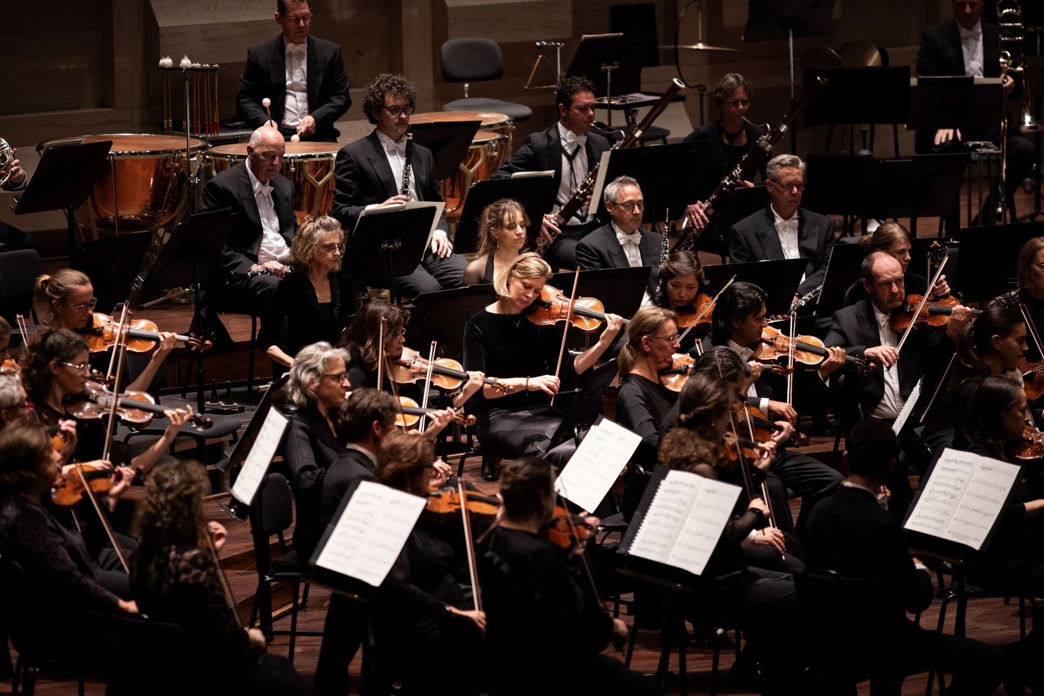Symphony orchestra performing on stage with string section and musicians in formal attire reading sheet music.