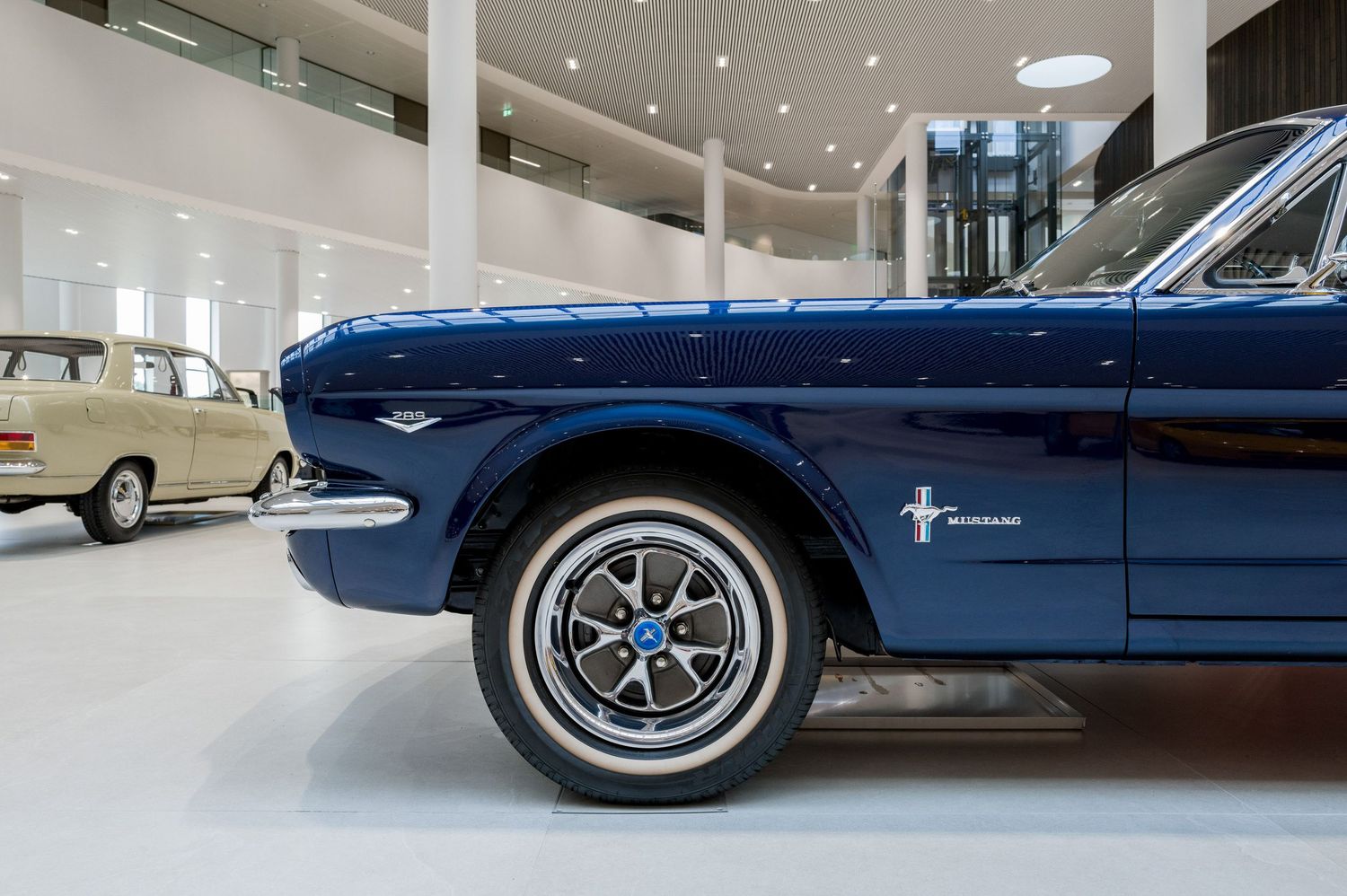 Five classic blue vintage cars displayed in a modern showroom with polished floors and bright lighting.