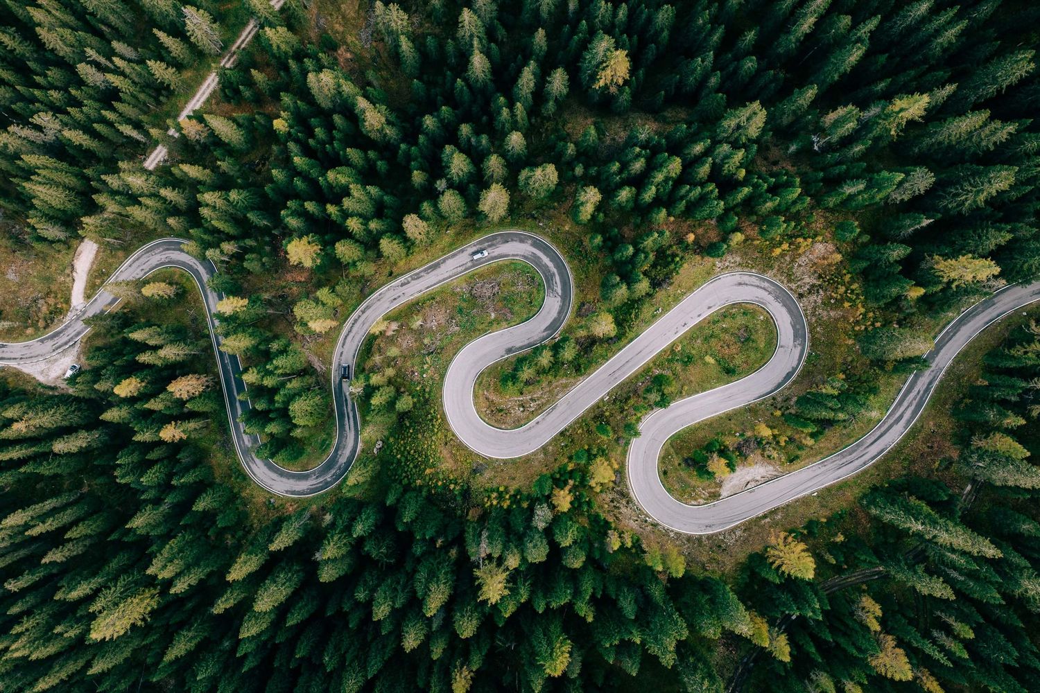 Aerial view of a winding mountain road snaking through a dense green forest.