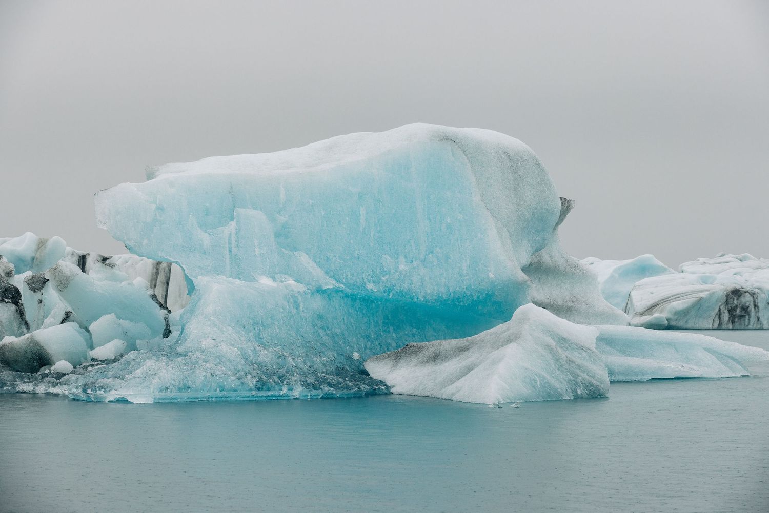Series of blue glacial icebergs floating in calm waters under an overcast sky.