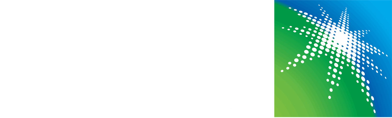 Saudi Aramco logo featuring a green and blue gradient background with a white star burst design.