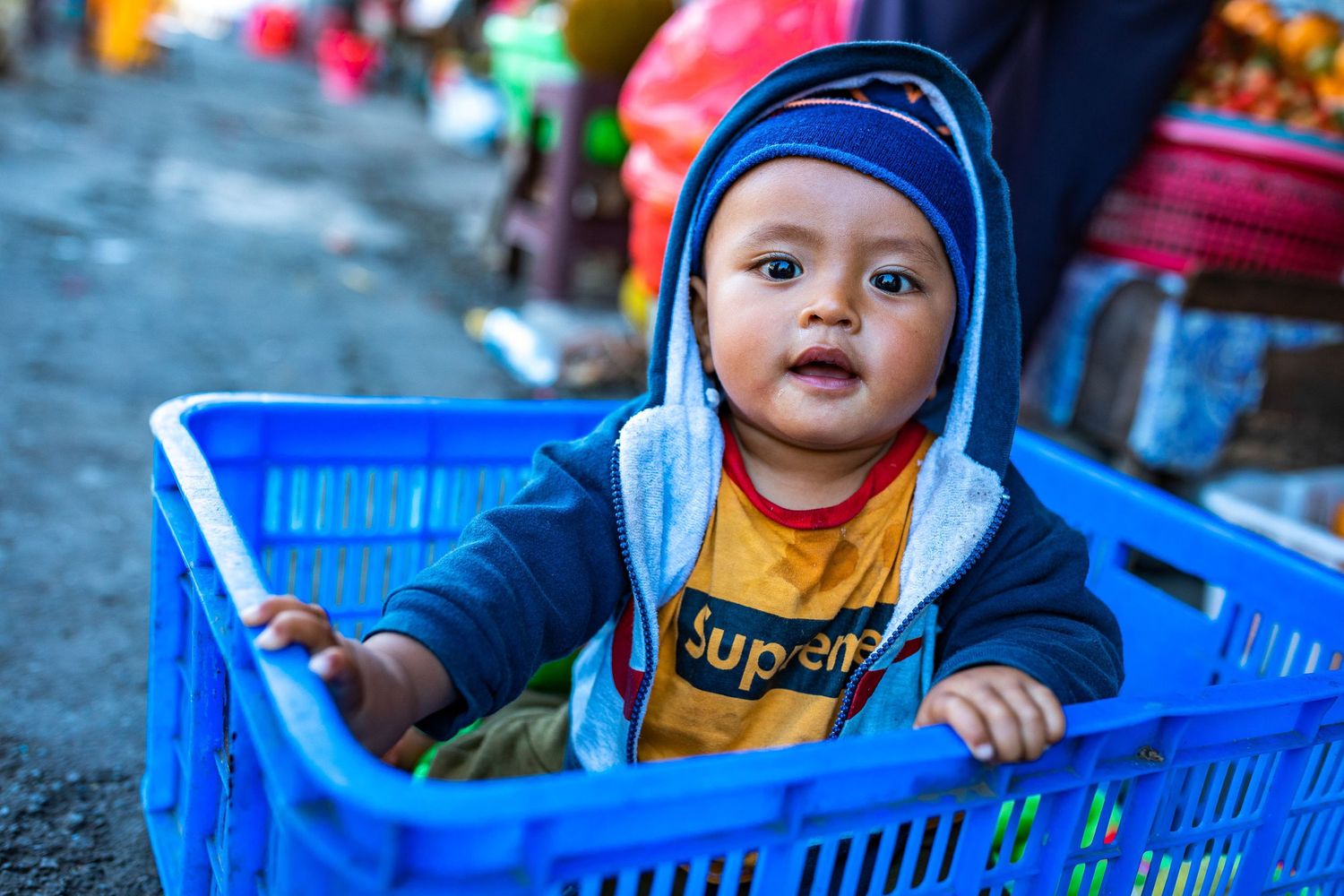 Shopping basket scene at local market.