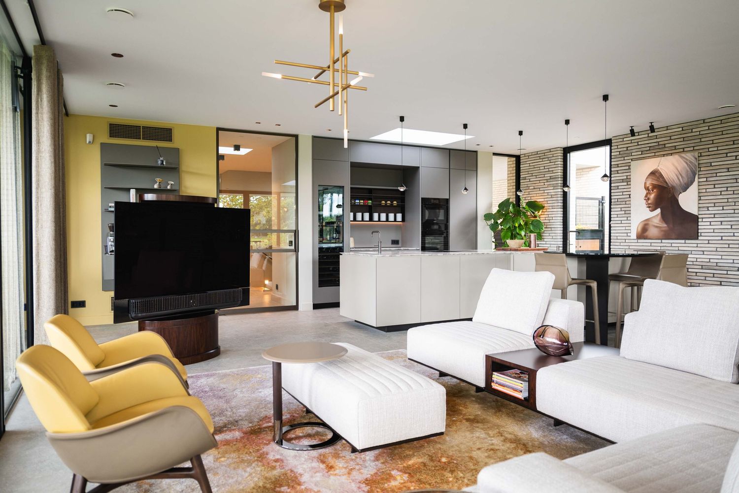 Modern apartment interior collage showing multiple rooms with minimalist design and neutral color schemes.