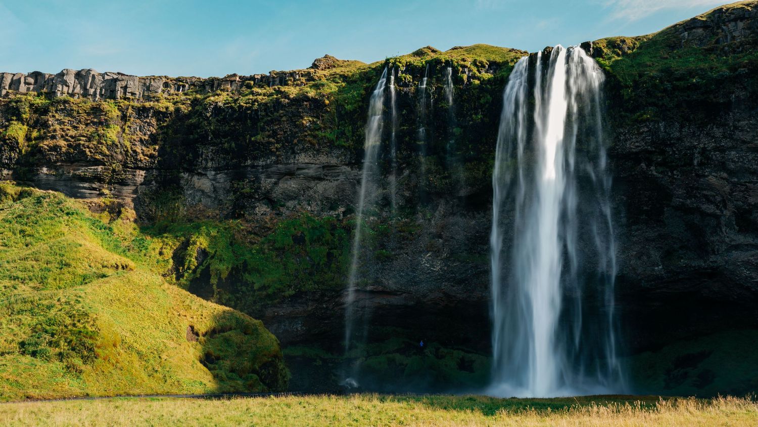 Panoramic view of majestic waterfalls cascading down green cliffs in Iceland.