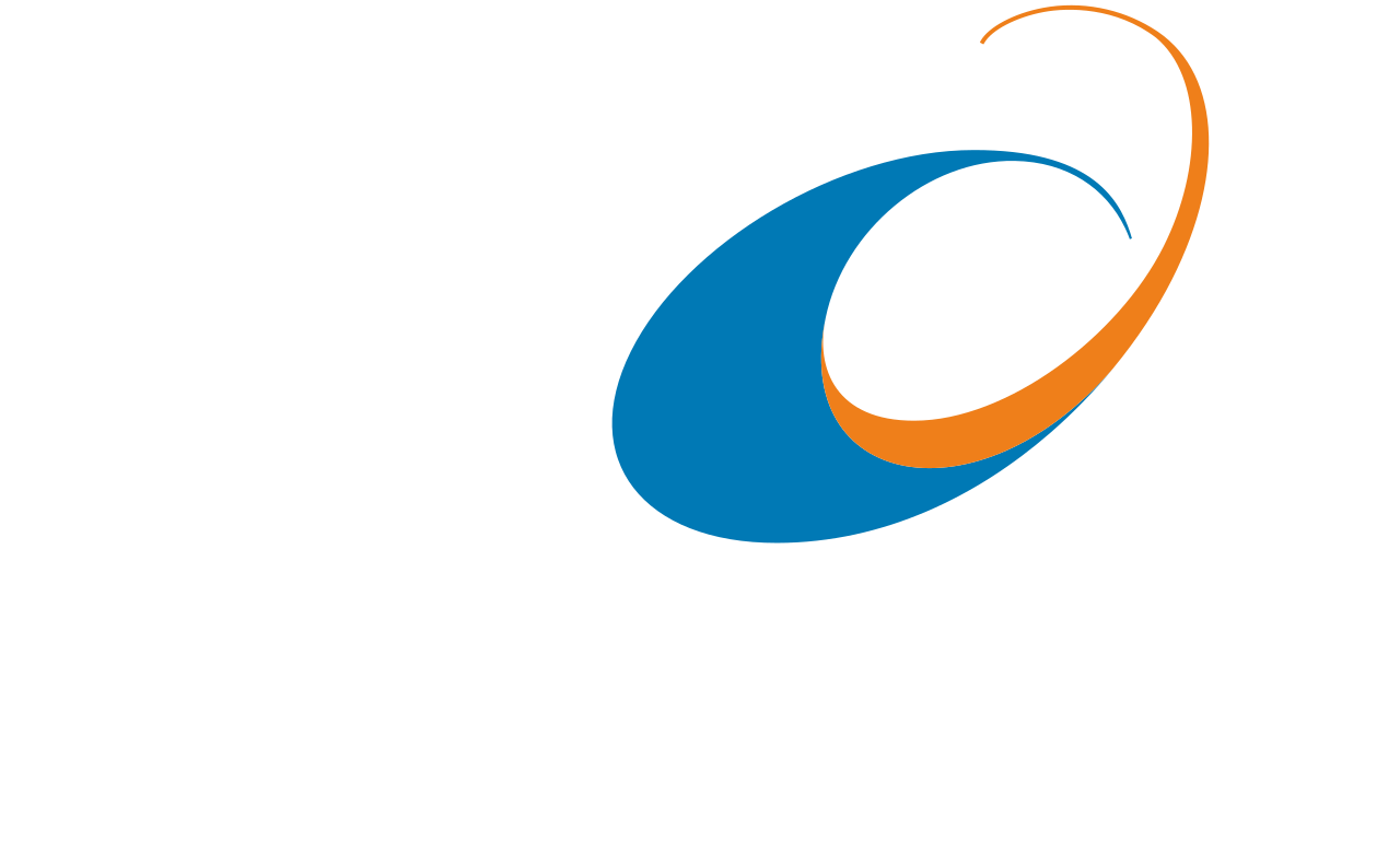 A curved blue and orange abstract logo design with flowing lines and shapes.