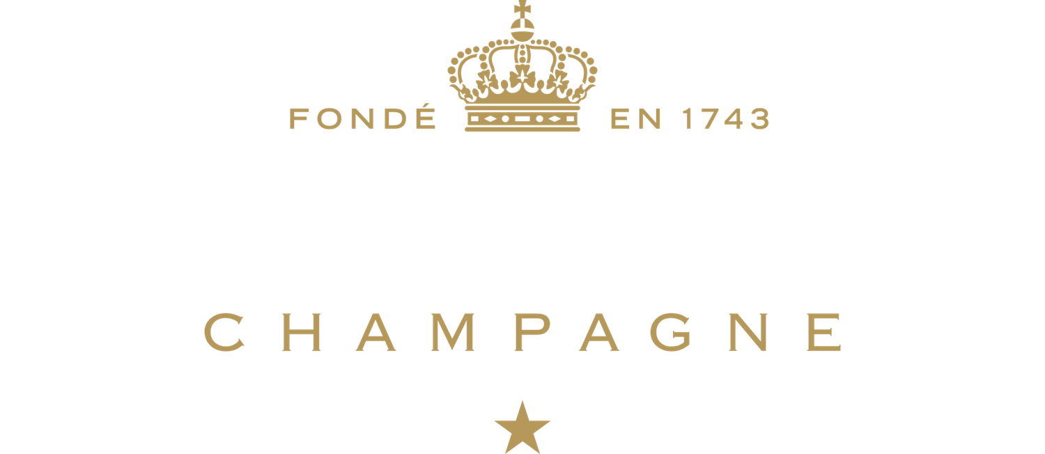 A gold crown logo and text reading 'Champagne' on a light beige background with 'Fonde en 1743' inscription.