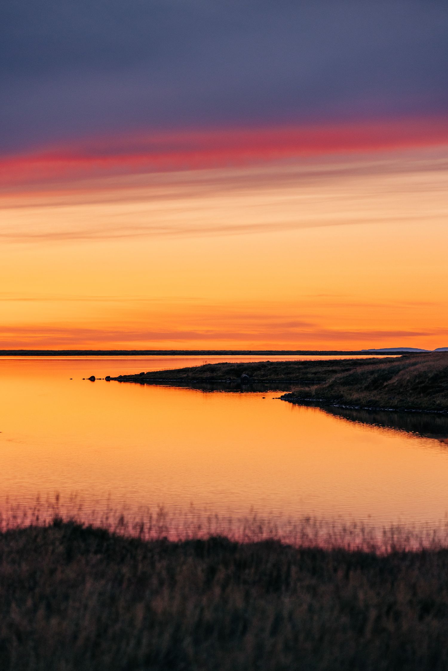 Panoramic view of a tranquil lake at sunset with silhouetted reeds and vibrant orange and pink sky reflected in still waters.