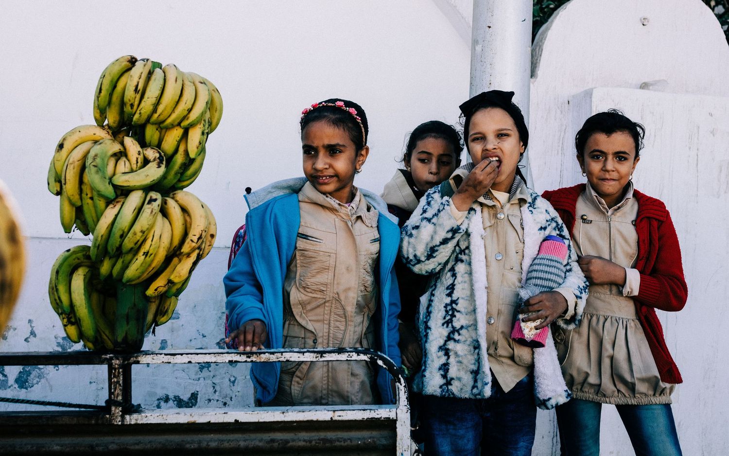 Group of people standing near bunches of fresh yellow bananas against white wall.