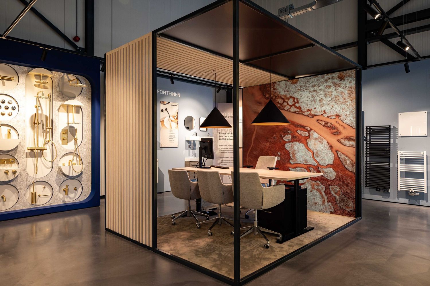 Modern art gallery interior showcasing contemporary exhibits with sleek glass walls and creative wall displays.