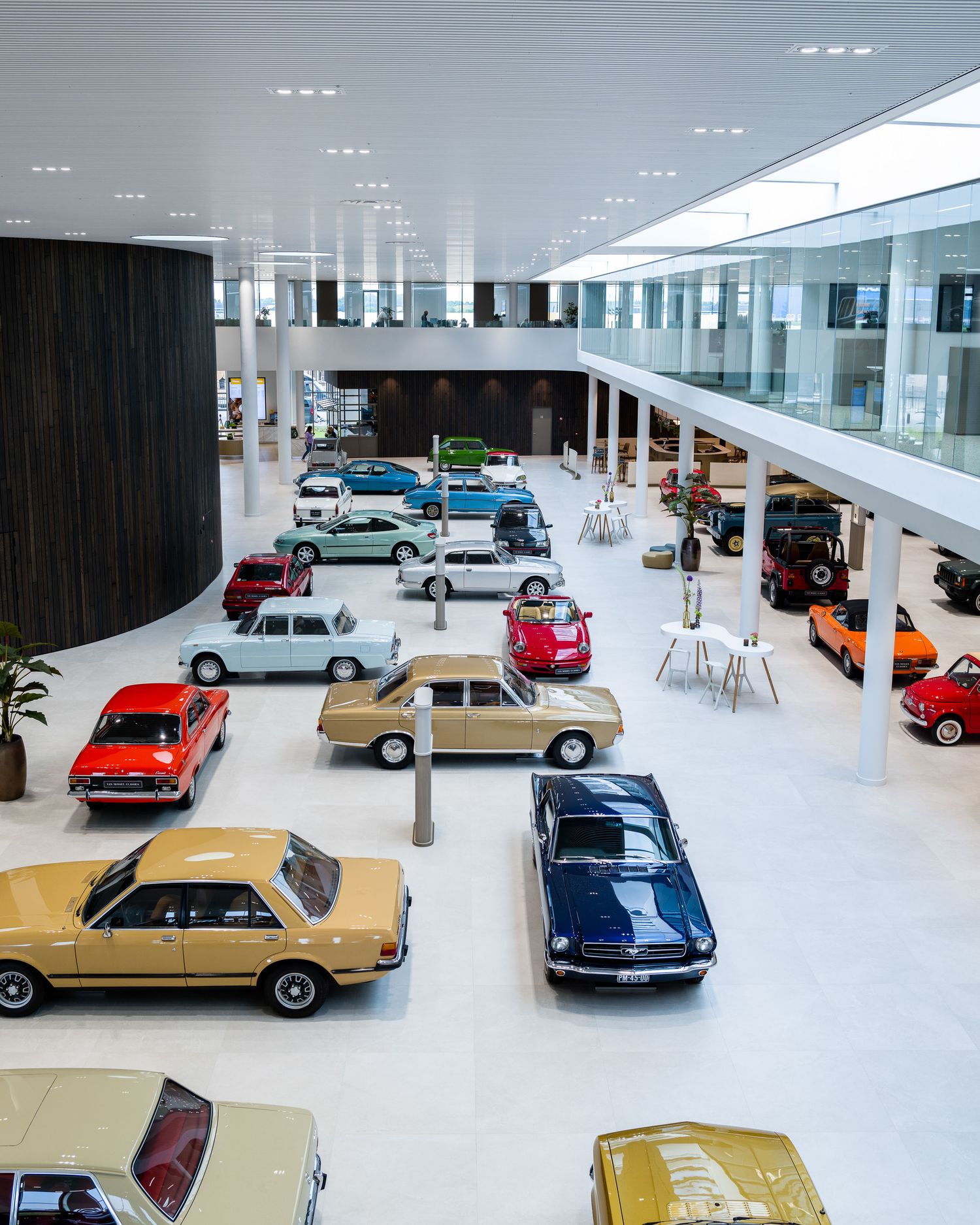 Modern car showroom interior with vintage automobiles displayed in a bright white space with minimalist design.