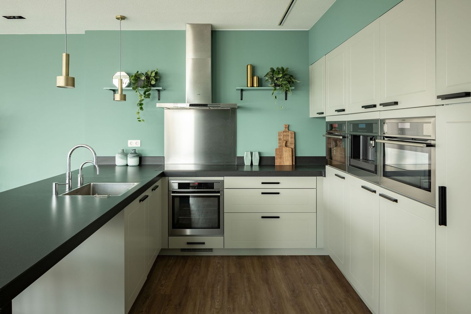 Modern white kitchen with mint green walls features sleek cabinets and stainless steel appliances in a long galley layout.