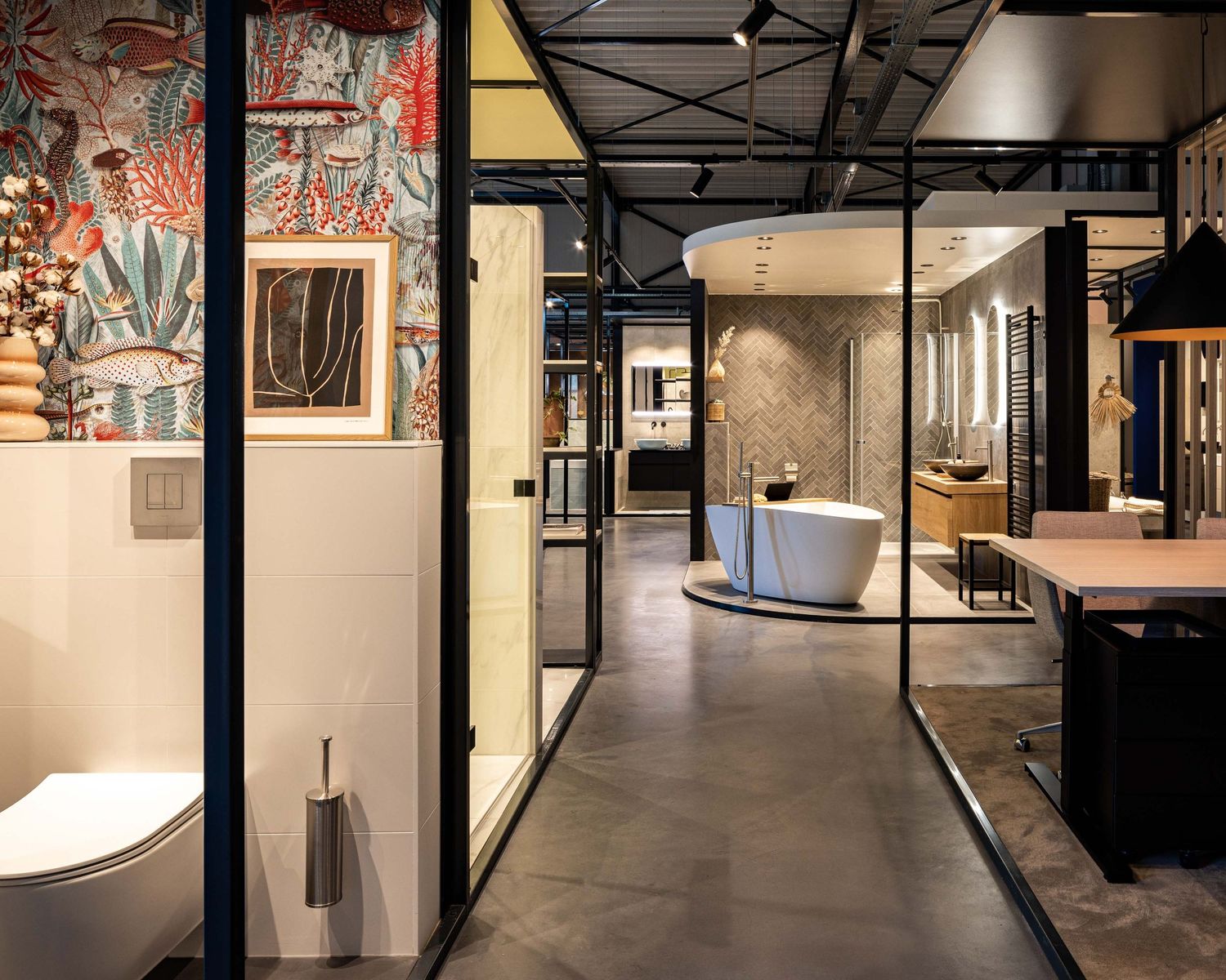 Modern office interior with glass partitions, industrial design elements, and artistic wall decor in a sleek corridor.