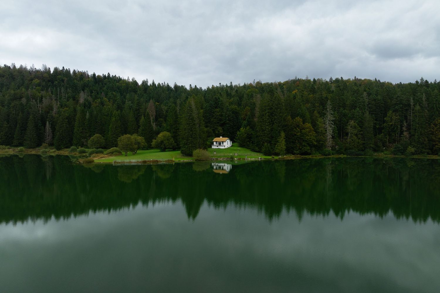 Panoramic view of a serene mountain lake surrounded by dense evergreen forest under cloudy skies.