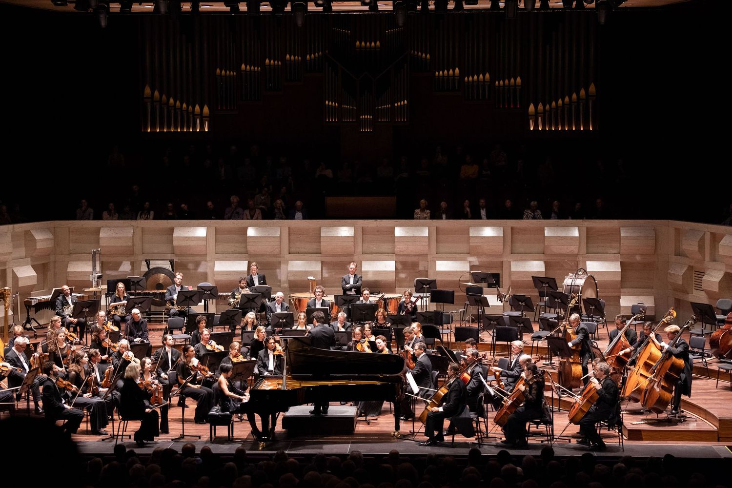 Symphony orchestra performs on stage in a concert hall with string and wind sections visible in warm lighting.