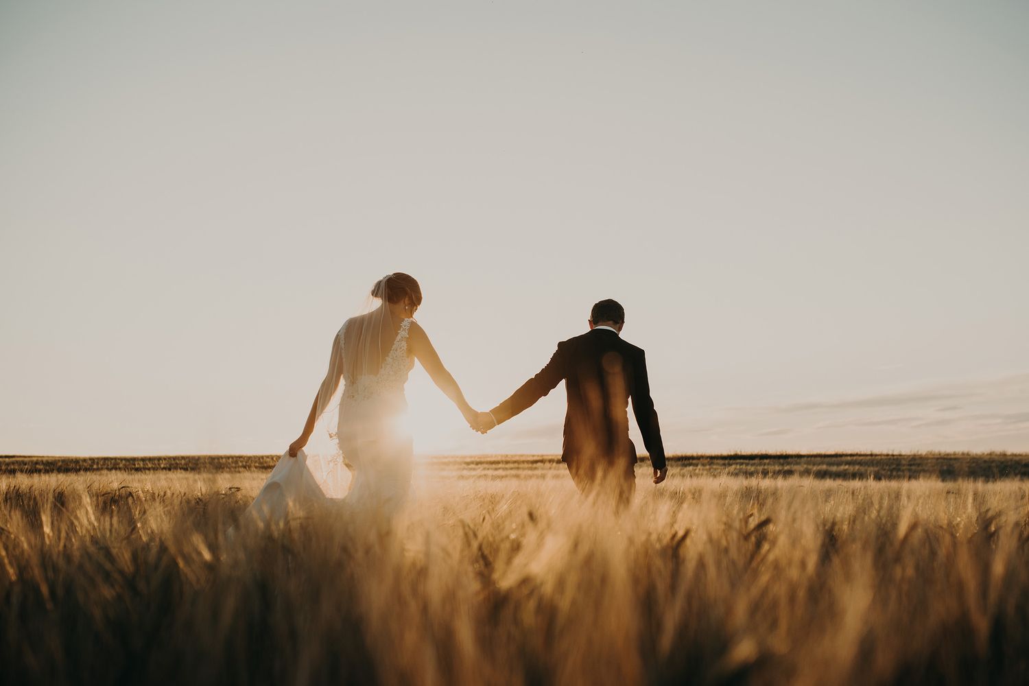 Couple walk through a field at sunset after their Woodstock, New Brunswick wedding.