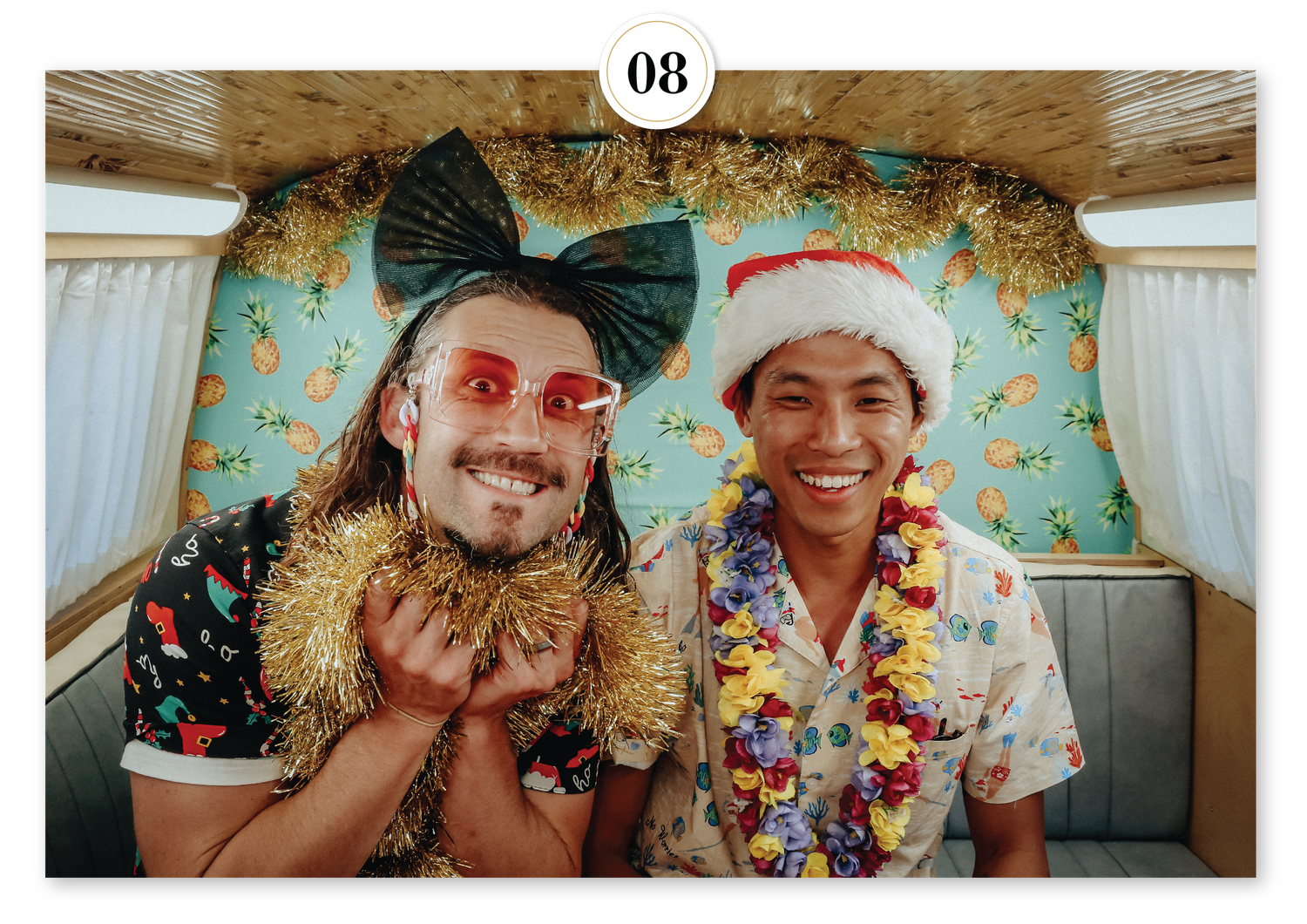 Playful tropical photo booth backdrop featuring vibrant floral patterns, perfect for fun weddings, parties, and celebrations.