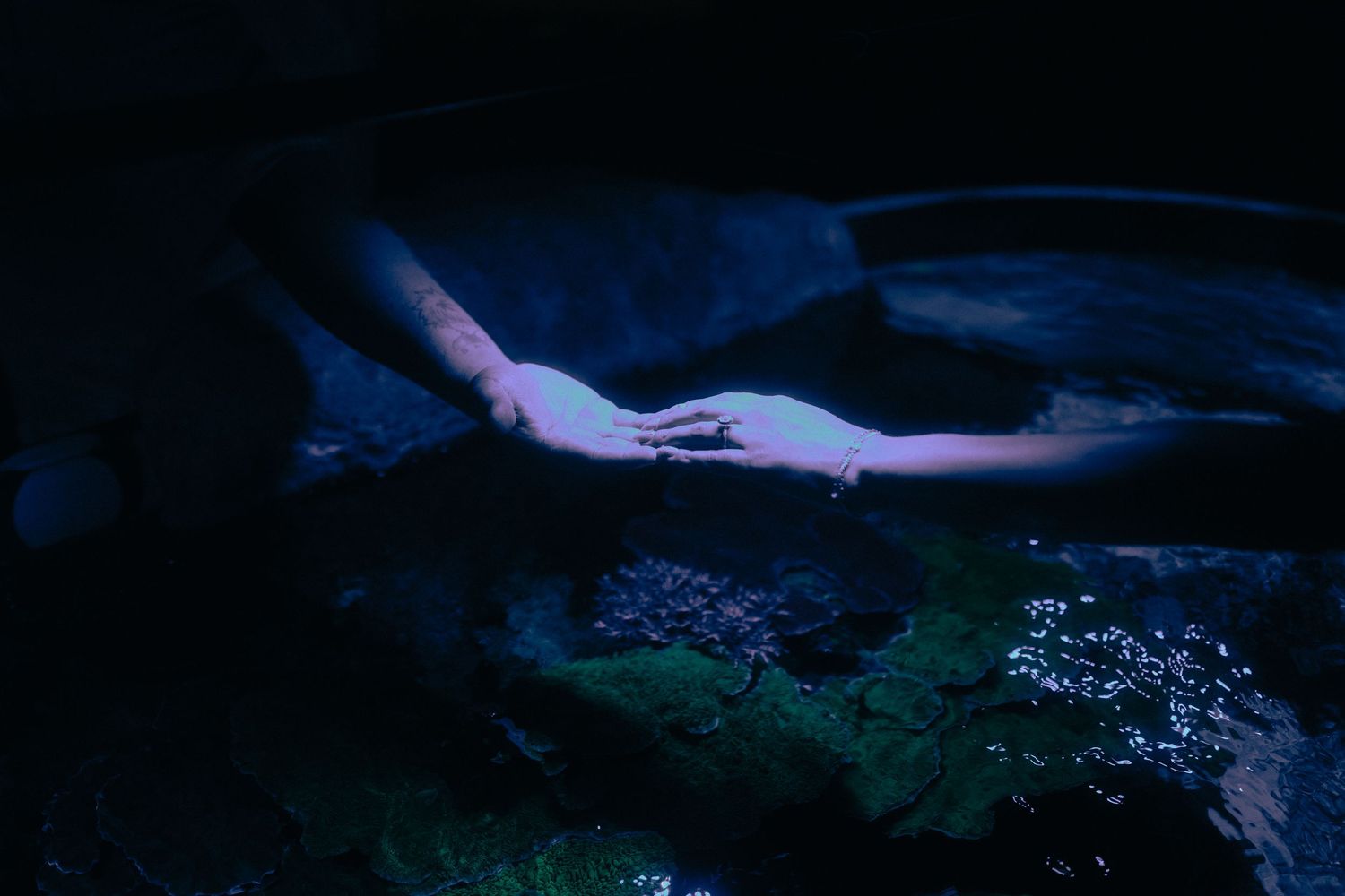 Two hands reaching toward each other over a dark, rocky pool illuminated by blue and green light.