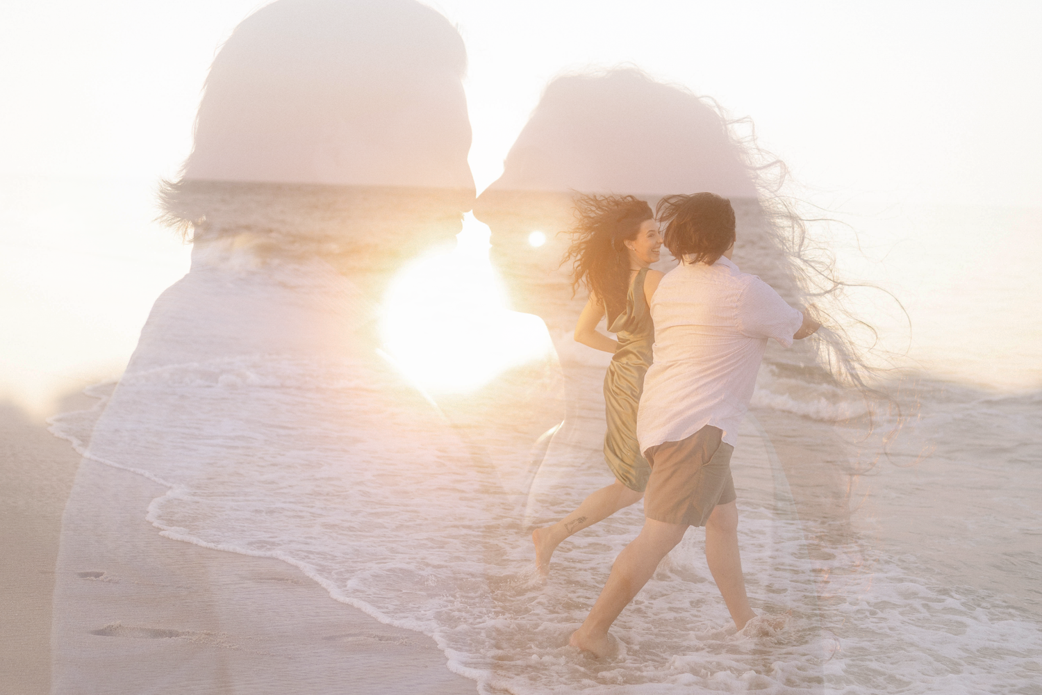 Romantic couple kissing on a sunlit beach at sunset with a dreamy double exposure effect.