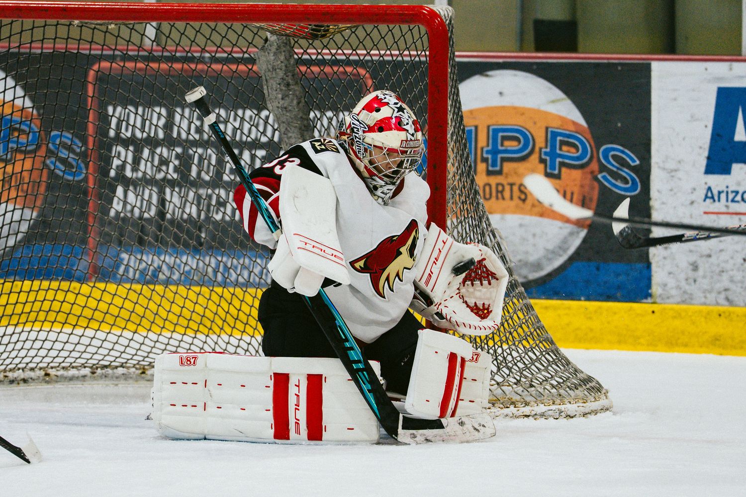 Hockey goalie in red and white uniform makes a diving save attempt on the ice.