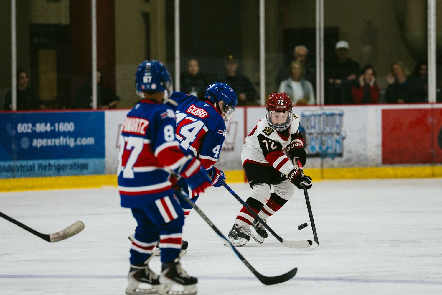 Two hockey players from opposing teams battle for puck control on the ice.