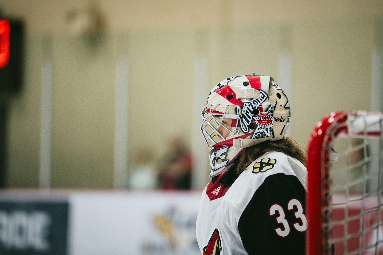 Hockey goalie wearing a decorated mask and Arizona Coyotes jersey number 33 during a game.