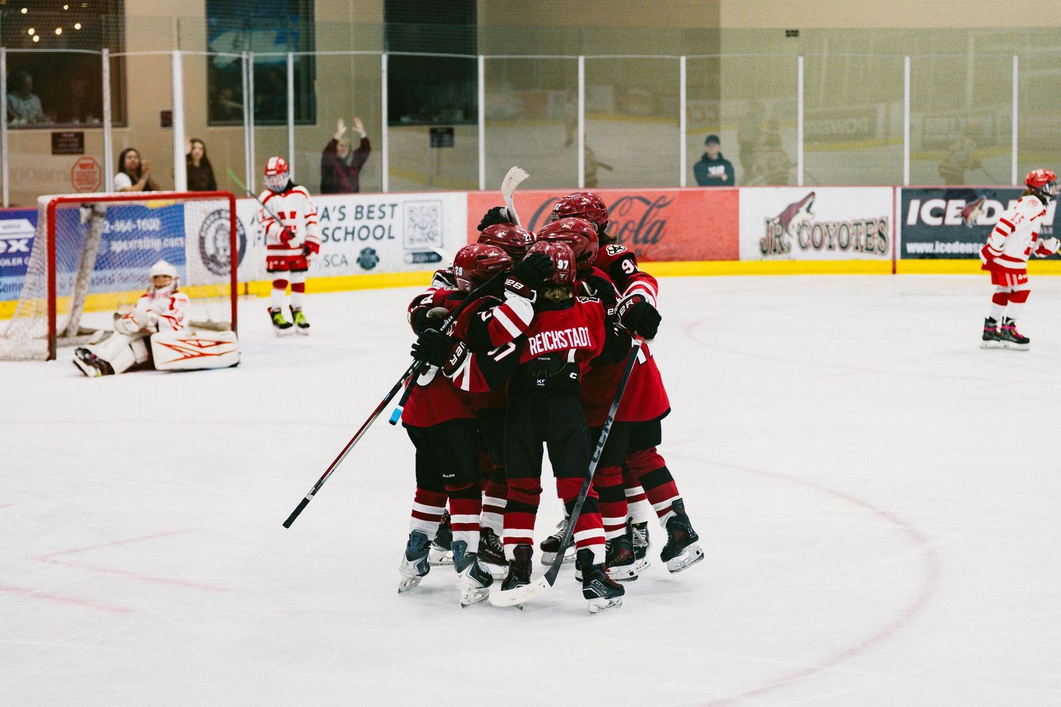 Hockey players in red and black jerseys celebrate after scoring a goal on the ice rink during a game.