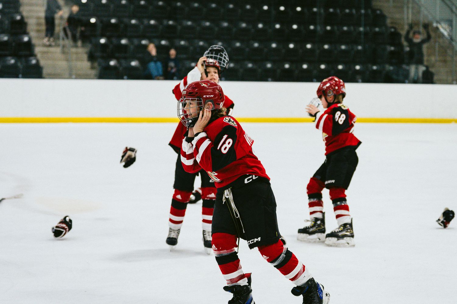 Hockey players in red jerseys skating during game with black stadium seats in background.