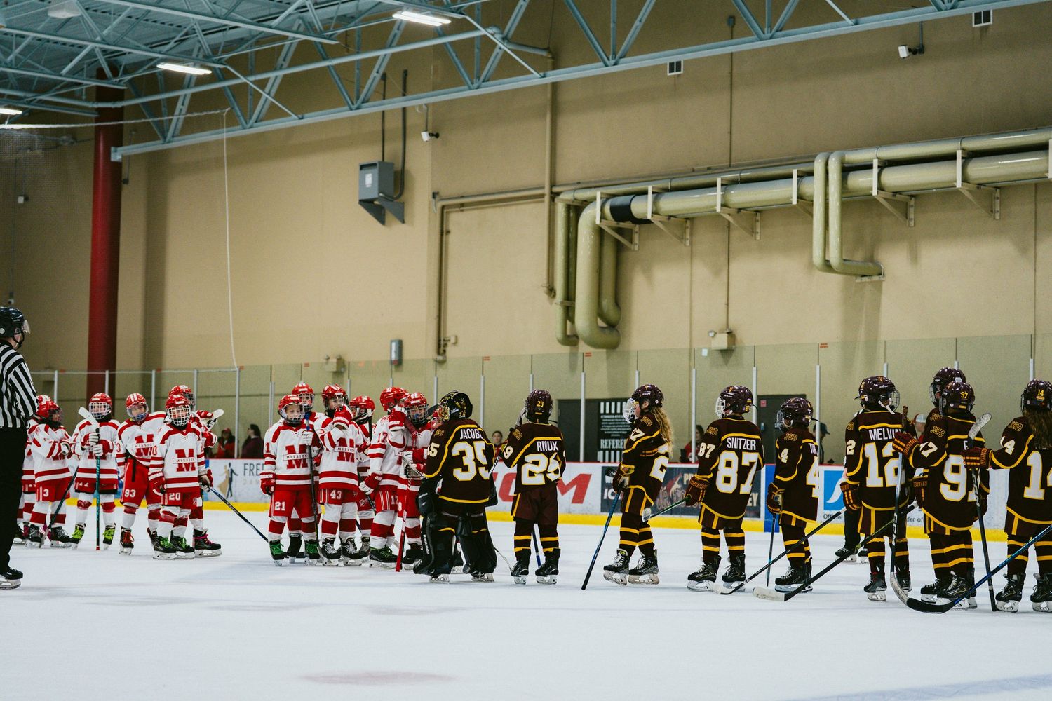 Panoramic view of a youth hockey game with teams lined up on opposite sides of the rink.