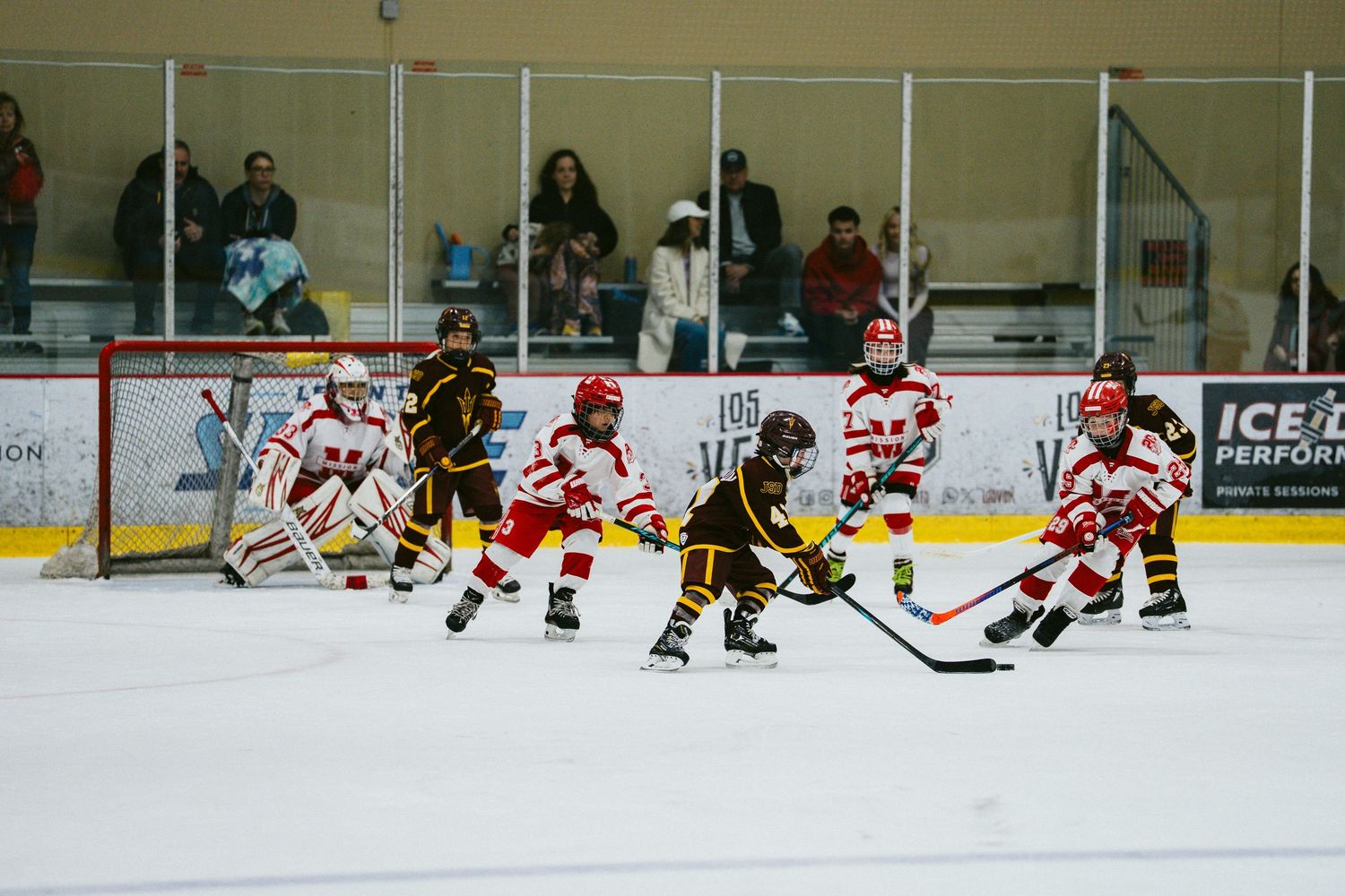 Wide shot of hockey players competing on the ice with spectators visible in the background.