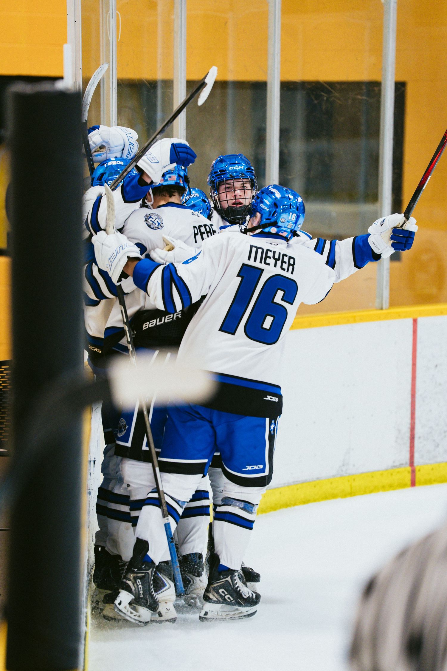 Ice hockey players in blue and white uniforms celebrate a goal, with player Meyer number 16 raising his stick.