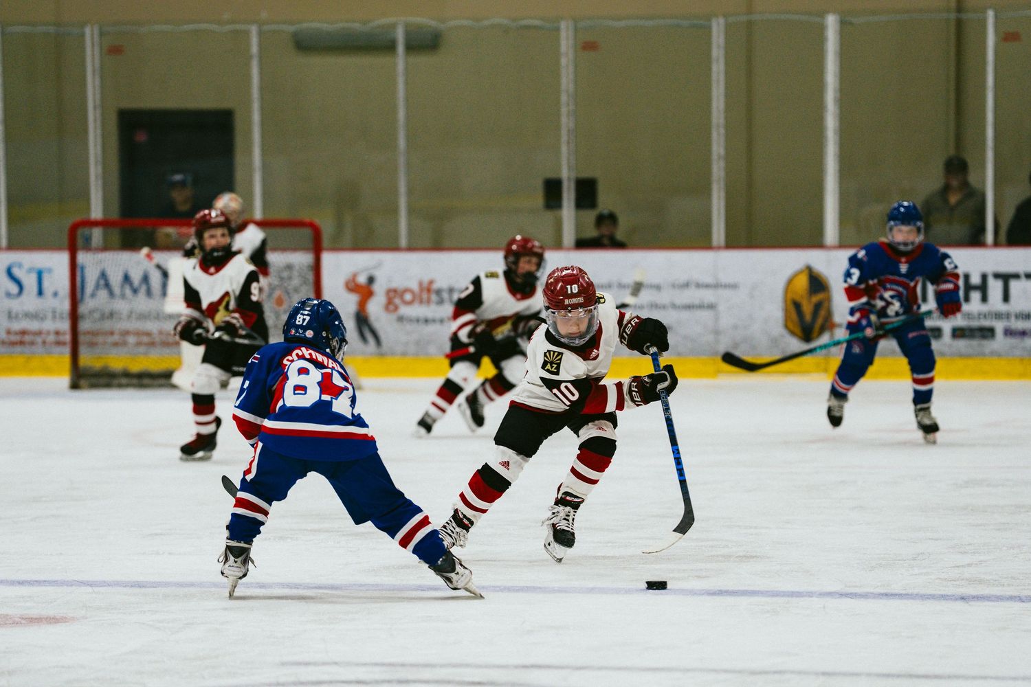 Two hockey players face off with the puck during a competitive match on the ice.