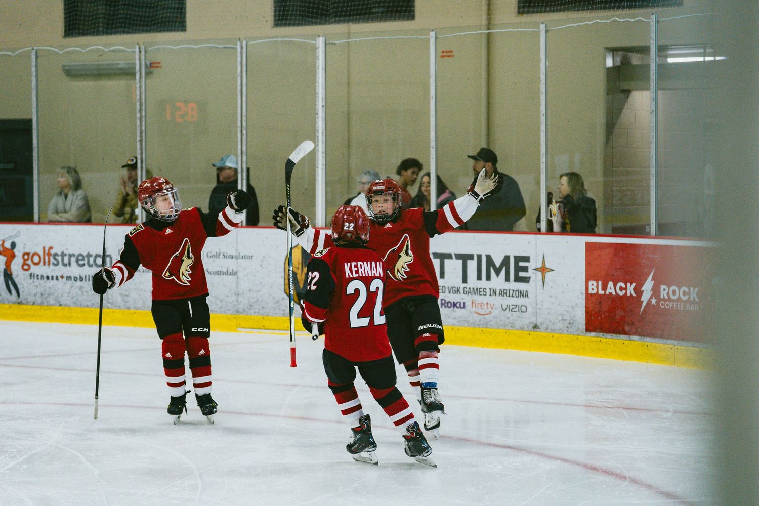 Hockey players in red and black jerseys compete during a game on an indoor ice rink with advertising boards visible.