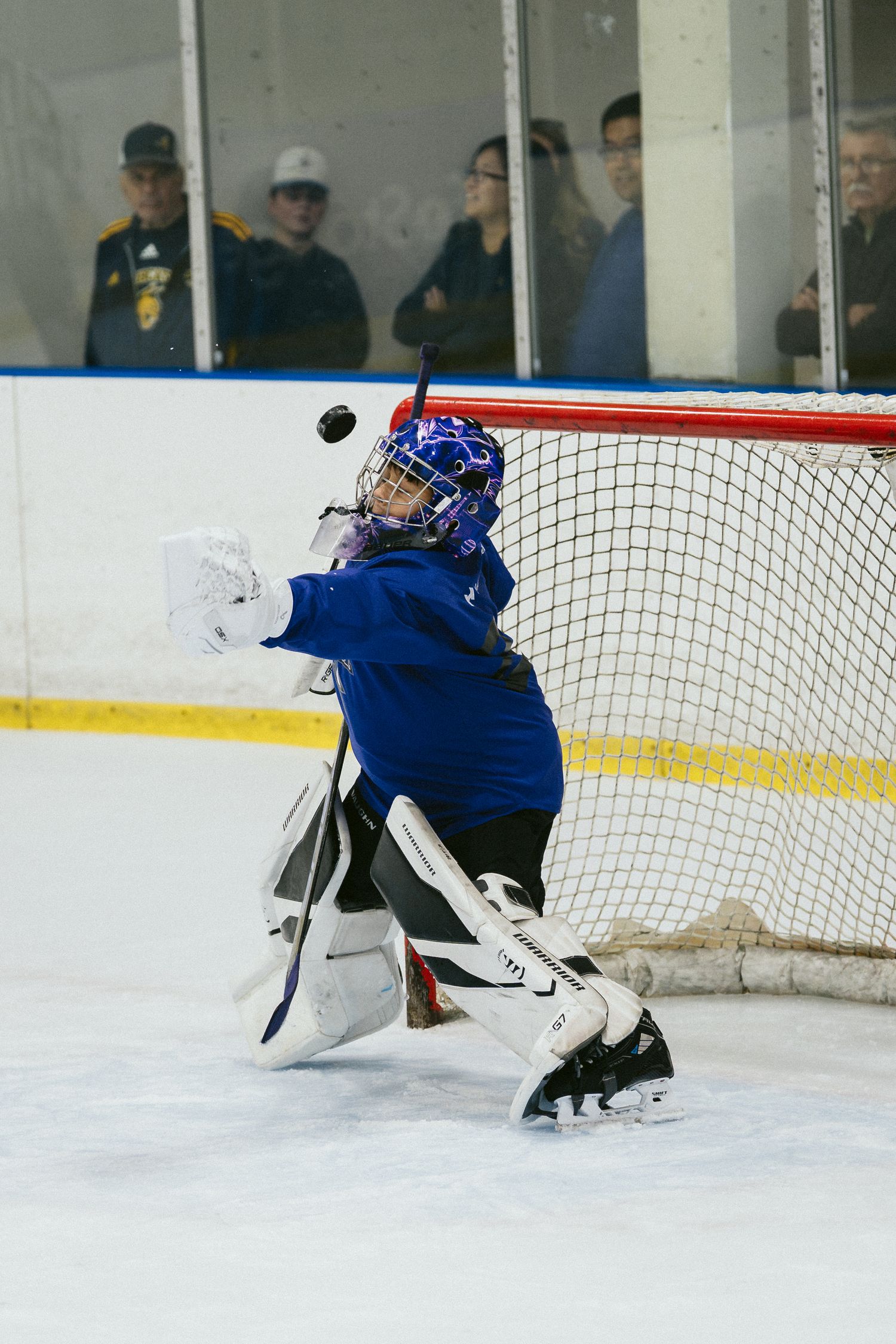 Young goalie in blue jersey makes glove save during youth ice hockey game with crowd watching.