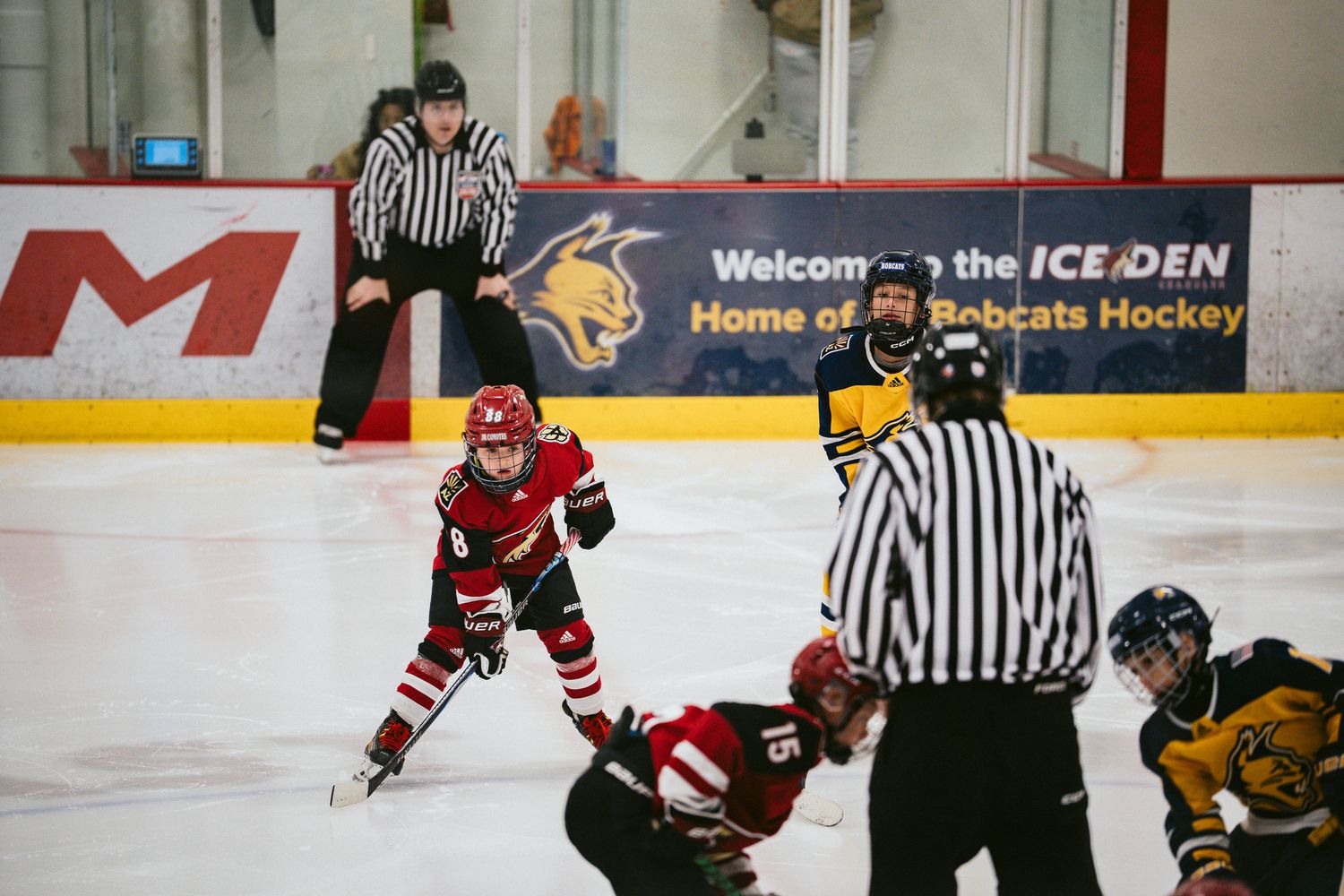 Youth hockey match with players in red and black jerseys as referee watches.