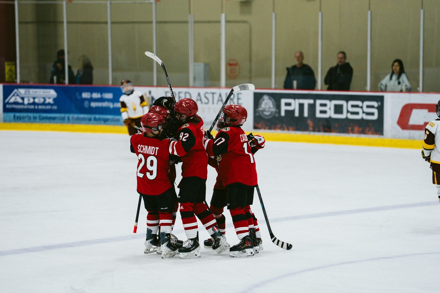 Wide view of an ice hockey rink with teams gathered near the goal during a game.