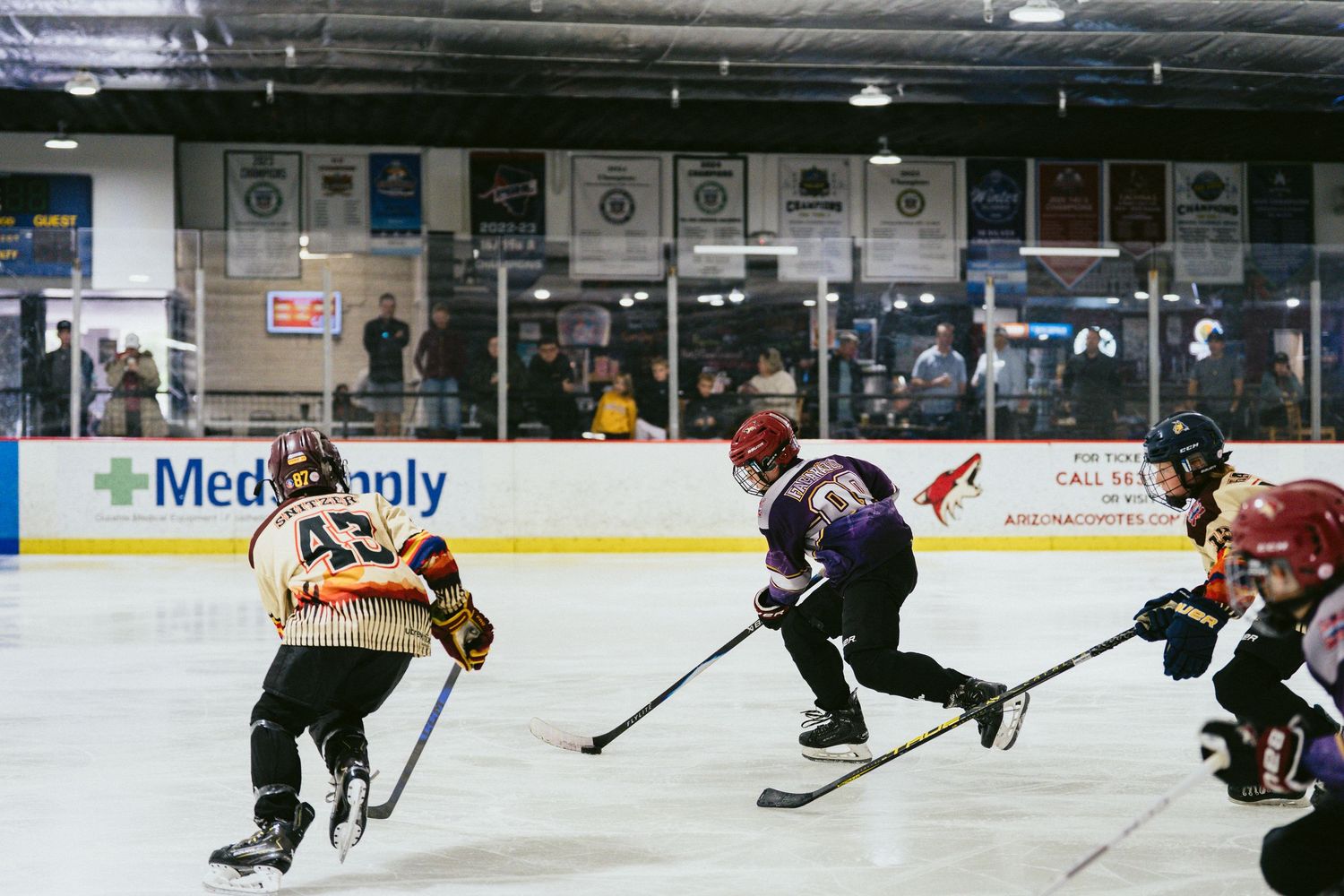 Youth ice hockey players competing on indoor rink during a game with spectators watching in background.
