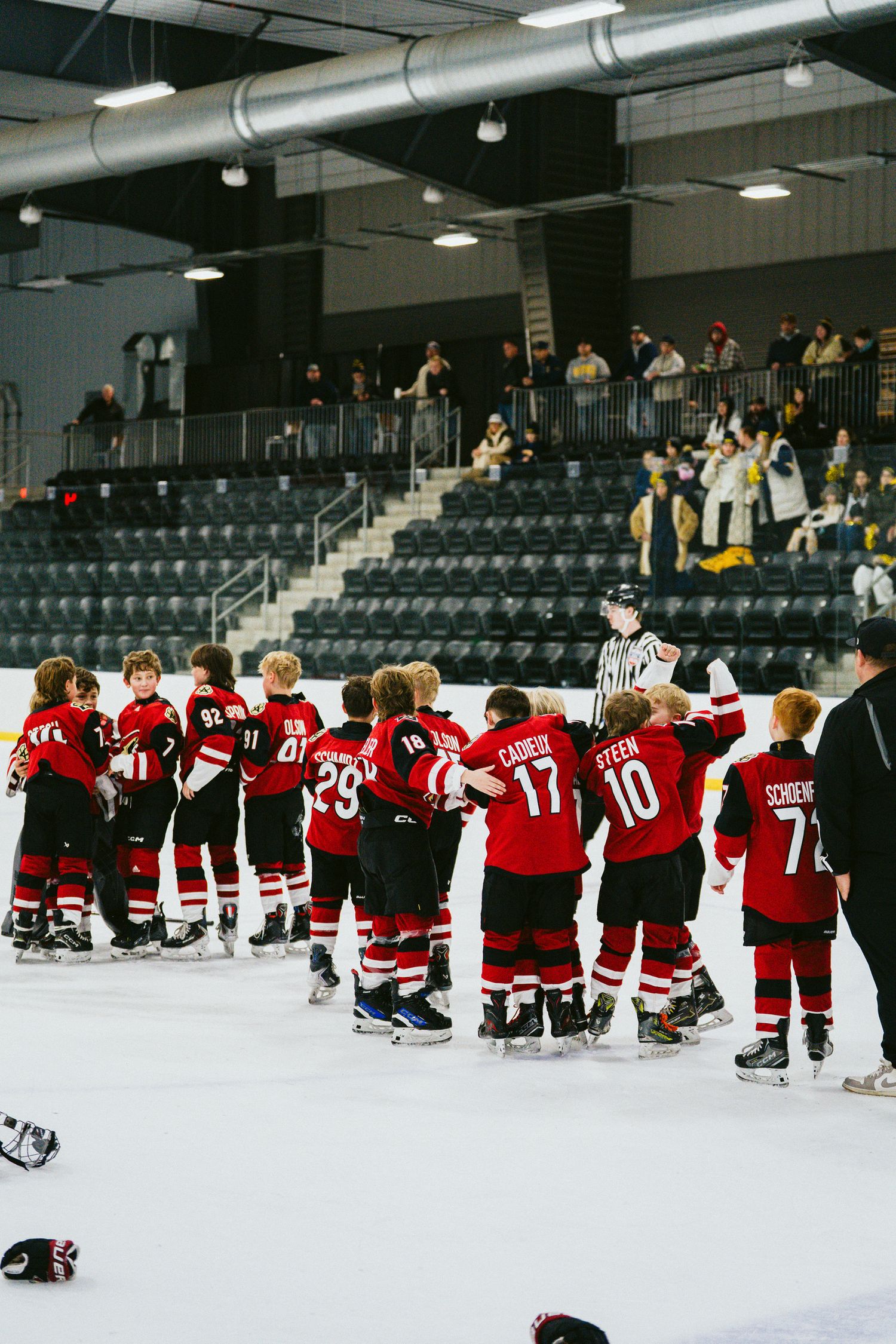 Youth hockey team lined up together on the ice rink wearing red jerseys.